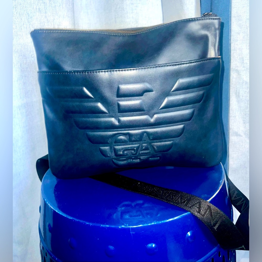 Flat Armani Crossbody Bag in Blue Leather